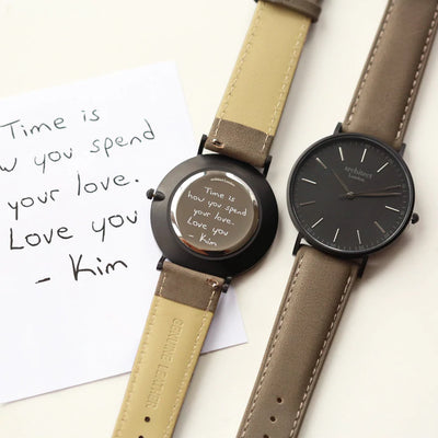 Men's Personalised Architect Minimalist Watch with a Grey Leather Interchangeable Strap Engraved with Your Own Handwriting or Drawing Jewellery Everything Personal