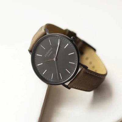 Men's Personalised Architect Minimalist Watch with a Grey Leather Interchangeable Strap Engraved with Your Own Handwriting or Drawing Jewellery Everything Personal