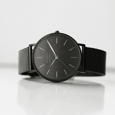 Men's Personalised Architect Minimalist Watch with a Black Mesh Interchangeable Strap Engraved with Your Own Handwriting or Drawing Jewellery Everything Personal