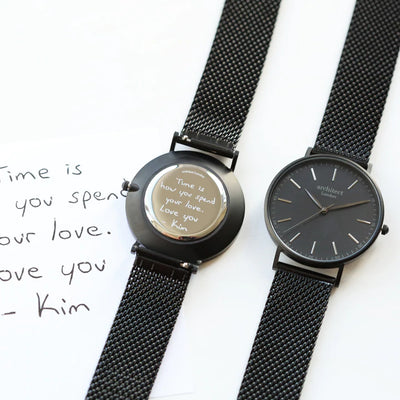 Men's Personalised Architect Minimalist Watch with a Black Mesh Interchangeable Strap Engraved with Your Own Handwriting or Drawing Jewellery Everything Personal
