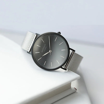 Men's Personalised Architect Minimalist Watch with a Silver Mesh Interchangeable Strap Engraved with Your Own Handwriting or Drawing Jewellery Everything Personal