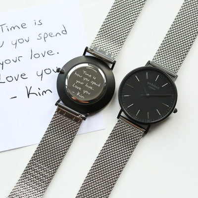 Men's Personalised Architect Minimalist Watch with a Silver Mesh Interchangeable Strap Engraved with Your Own Handwriting or Drawing Jewellery Everything Personal