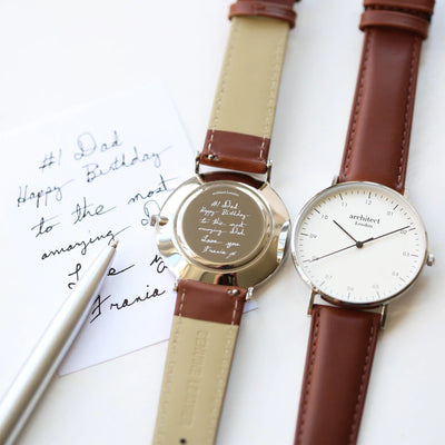 Men's Personalised Architect Zephyr Watch with a Walnut Brown Leather Interchangeable Strap Engraved with Your Own Handwriting or Drawing Jewellery Everything Personal