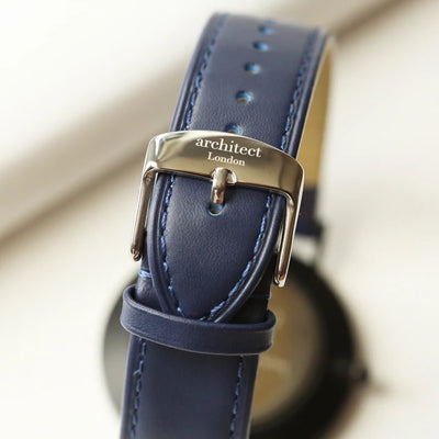 Men's Personalised Architect Zephyr Watch with a Blue Leather Interchangeable Strap Engraved with Your Own Handwriting or Drawing Jewellery Everything Personal
