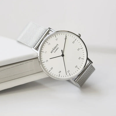 Men's Personalised Zephyr Minimalist Watch with a Silver Mesh Interchangeable Strap Engraved with Your Own Handwriting or Drawing Jewellery Everything Personal