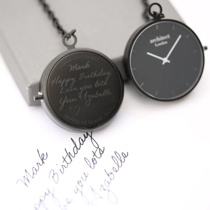 Personalised Custom Modern Silver, Rose Gold or Black Pocket Watch Engraved with Your Own Handwriting or Drawing Black Jewellery Everything Personal