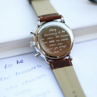 Men's Personalised Architect Motivator Blue Face Watch with a Walnut Brown Leather Strap Engraved with Your Own Handwriting or Drawing Jewellery Everything Personal