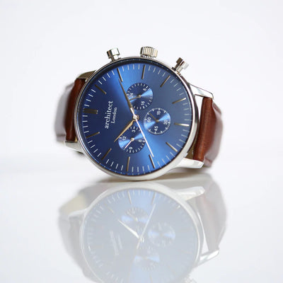 Men's Personalised Architect Motivator Blue Face Watch with a Walnut Brown Leather Strap Engraved with Your Own Handwriting or Drawing Jewellery Everything Personal