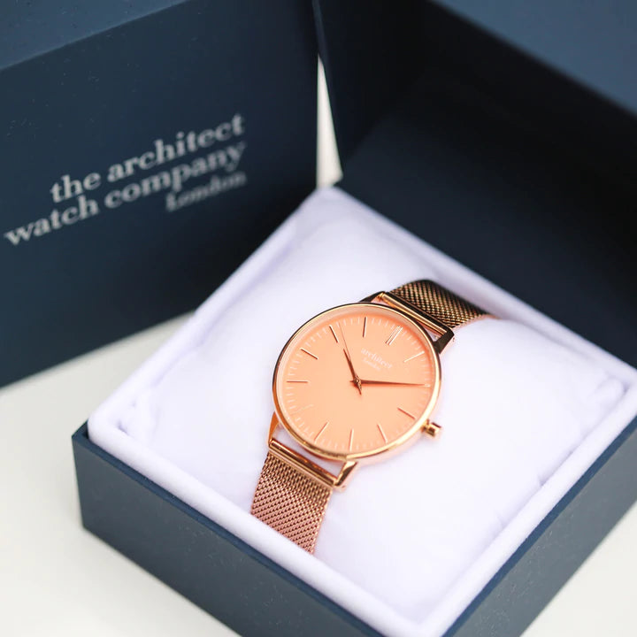 Ladies Personalised Architect Coral Watch with a Rose Gold Mesh Interchangeable Strap Engraved with Your Own Handwriting or Drawing Jewellery Everything Personal