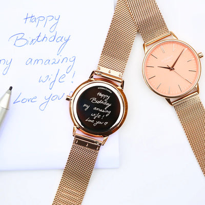 Ladies Personalised Architect Coral Watch with a Rose Gold Mesh Interchangeable Strap Engraved with Your Own Handwriting or Drawing Jewellery Everything Personal