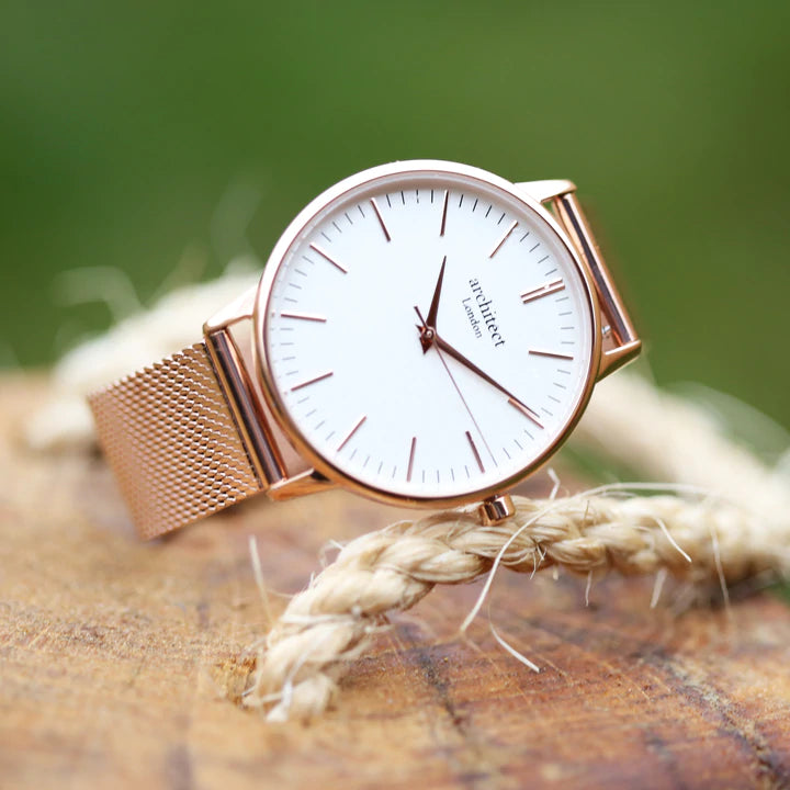 Ladies Personalised Architect Blanc Watch with a Rose Gold Mesh Interchangeable Strap Engraved with Your Own Handwriting or Drawing Jewellery Everything Personal
