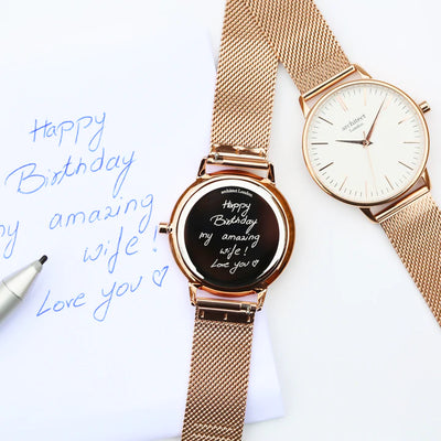 Ladies Personalised Architect Blanc Watch with a Rose Gold Mesh Interchangeable Strap Engraved with Your Own Handwriting or Drawing Jewellery Everything Personal