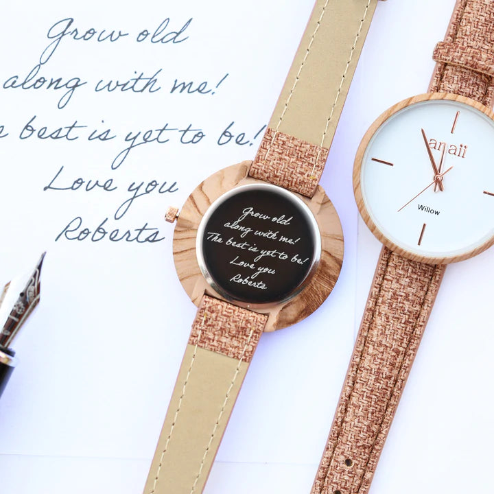 Ladies Personalised Anaii Watch with a Hazel Wood Strap Engraved with Your Own Handwriting or Drawing Jewellery Everything Personal