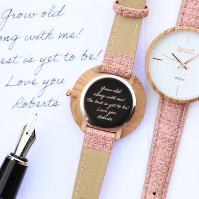 Ladies Personalised Anaii Watch with a Sweet Light Pink Strap Engraved with Your Own Handwriting or Drawing Jewellery Everything Personal