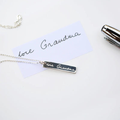 Personalised Silver Bar Tag Necklace Engraved with Your Own Handwriting or Drawing Jewellery Everything Personal