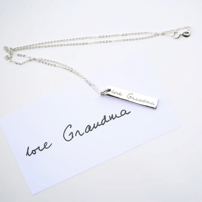 Personalised Silver Bar Tag Necklace Engraved with Your Own Handwriting or Drawing Jewellery Everything Personal