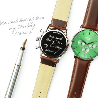 Men's Personalised Architect Motivator Green Face Watch + Walnut Brown Interchangeable Strap Engraved with Your Own Handwriting or Drawing Jewellery Everything Personal