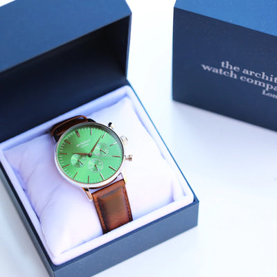 Men's Personalised Architect Motivator Green Face Watch + Walnut Brown Interchangeable Strap Engraved with Your Own Handwriting or Drawing Jewellery Everything Personal