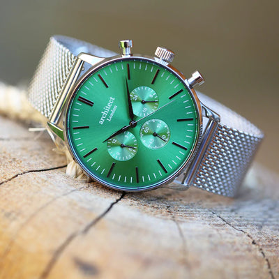 Men's Personalised Architect Motivator Green Face Watch + Silver Mesh Interchangeable Strap Engraved with Your Own Handwriting or Drawing Jewellery Everything Personal