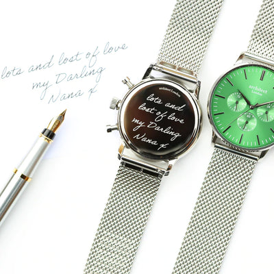 Men's Personalised Architect Motivator Green Face Watch + Silver Mesh Interchangeable Strap Engraved with Your Own Handwriting or Drawing Jewellery Everything Personal