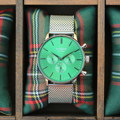Men's Personalised Architect Motivator Green Face Watch + Silver Mesh Interchangeable Strap Engraved with Your Own Handwriting or Drawing Jewellery Everything Personal