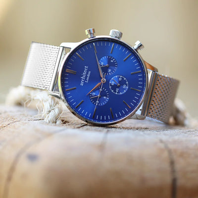 Men's Personalised Architect Motivator Blue Face Watch with a Silver Mesh Interchangeable Strap with Handwriting Engraving Jewellery Everything Personal