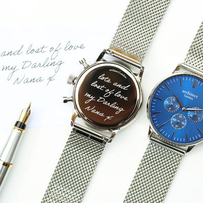 Men's Personalised Architect Motivator Blue Face Watch with a Silver Mesh Interchangeable Strap with Handwriting Engraving Jewellery Everything Personal