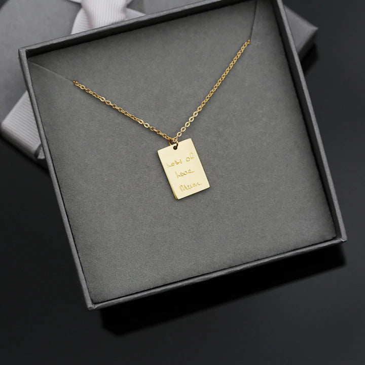 Personalised Rectangle Necklace in Silver, Gold or Rose Gold Engraved with Your Own Handwriting or Drawing Jewellery Everything Personal