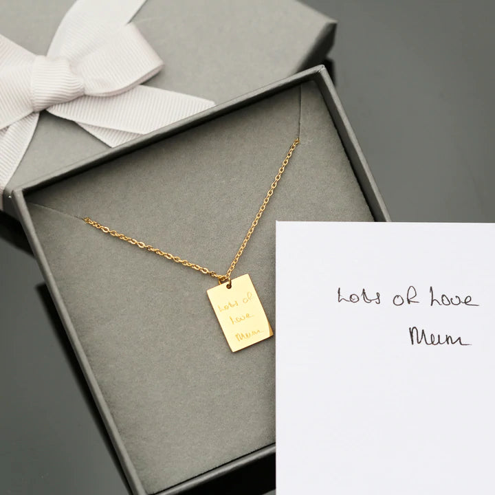 Personalised Rectangle Necklace in Silver, Gold or Rose Gold Engraved with Your Own Handwriting or Drawing Gold Jewellery Everything Personal