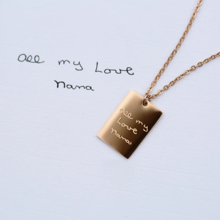 Personalised Rectangle Necklace in Silver, Gold or Rose Gold Engraved with Your Own Handwriting or Drawing Rose Gold Jewellery Everything Personal