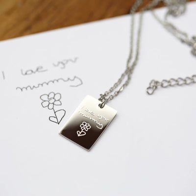 Personalised Rectangle Necklace in Silver, Gold or Rose Gold Engraved with Your Own Handwriting or Drawing Silver Jewellery Everything Personal