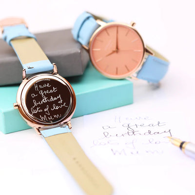 Ladies Personalised Architect Coral Watch with a Light Blue Interchangeable Strap Engraved with Your Own Handwriting or Drawing Jewellery Everything Personal