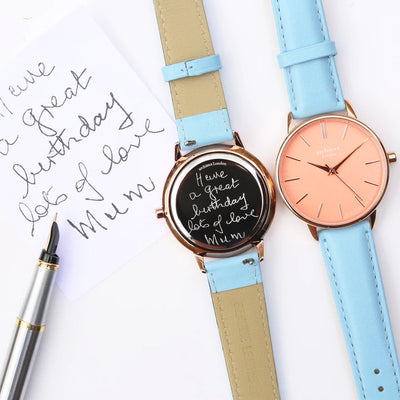 Ladies Personalised Architect Coral Watch with a Light Blue Interchangeable Strap Engraved with Your Own Handwriting or Drawing Jewellery Everything Personal