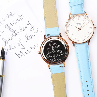 Ladies Personalised Architect Blanc Watch with a Light Blue Interchangeable Strap Engraved with Your Own Handwriting or Drawing Jewellery Everything Personal