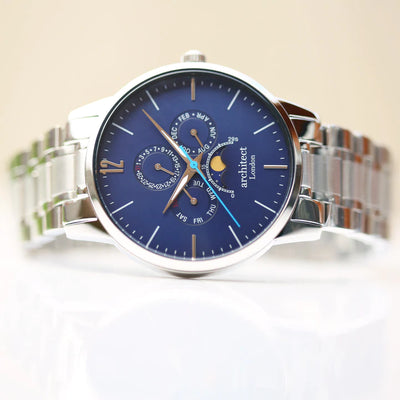 Men's Personalised Architect Apollo Blue Face Silver Watch Engraved with Your Own Handwriting or Drawing Jewellery Everything Personal
