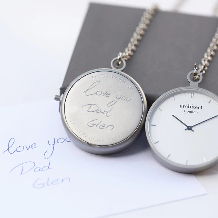 Personalised Custom Modern Silver, Rose Gold or Black Pocket Watch Engraved with Your Own Handwriting or Drawing Silver Jewellery Everything Personal