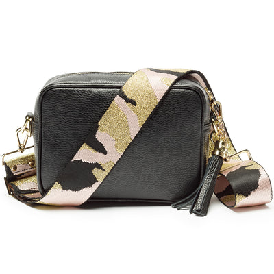 Personalised Black Bag with Pink Camouflage Strap Handbags Everything Personal