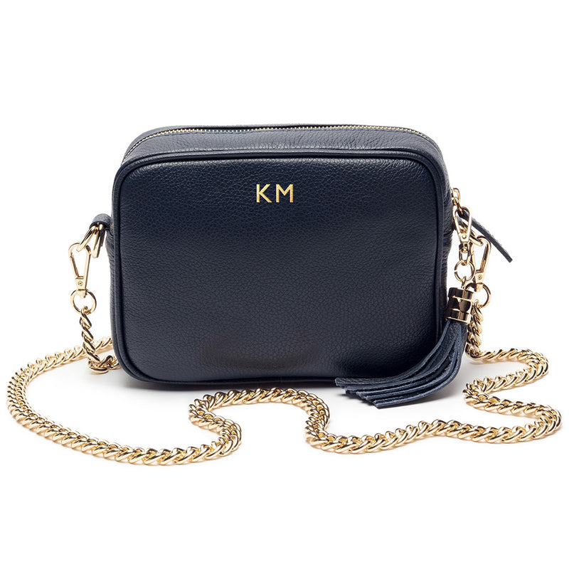 Personalised Navy Bag with Gold Chain Strap Handbags Everything Personal