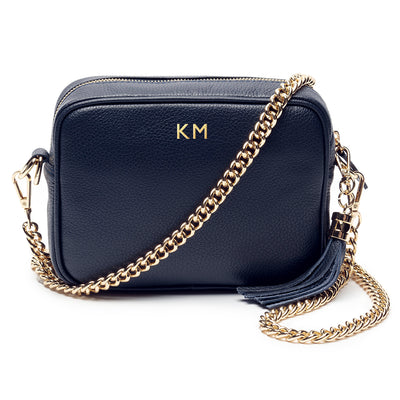 Personalised Navy Bag with Gold Chain Strap Handbags Everything Personal