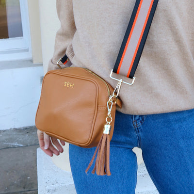 Personalised Tan Bag with Black Orange Strap Handbags Everything Personal